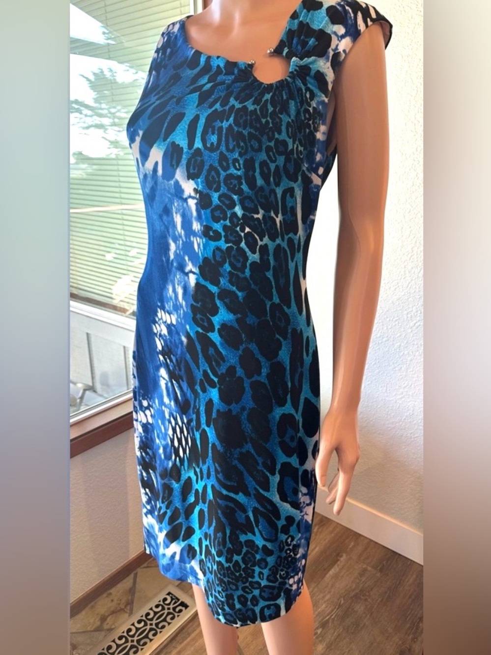 Cache One-Shoulder Blue and Black Animal-Print Dress